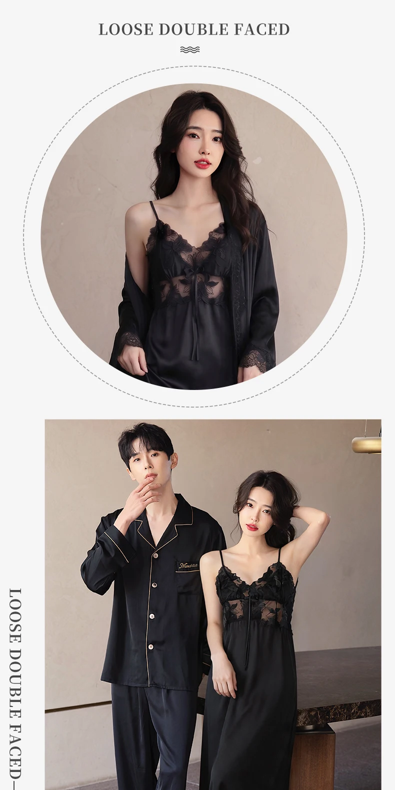 Conjunto de dos piezas de camisón de seda helada con encaje y almohadillas en el pecho para parejas, ropa de dormir de primav...