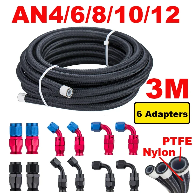 10FT 3M Universal AN4/6/8/10 PTFE Fuel Line Kit Nylon Stainless Steel Braided PTFE Fuel Hose with 6pcs Hose End Fitting Adapters