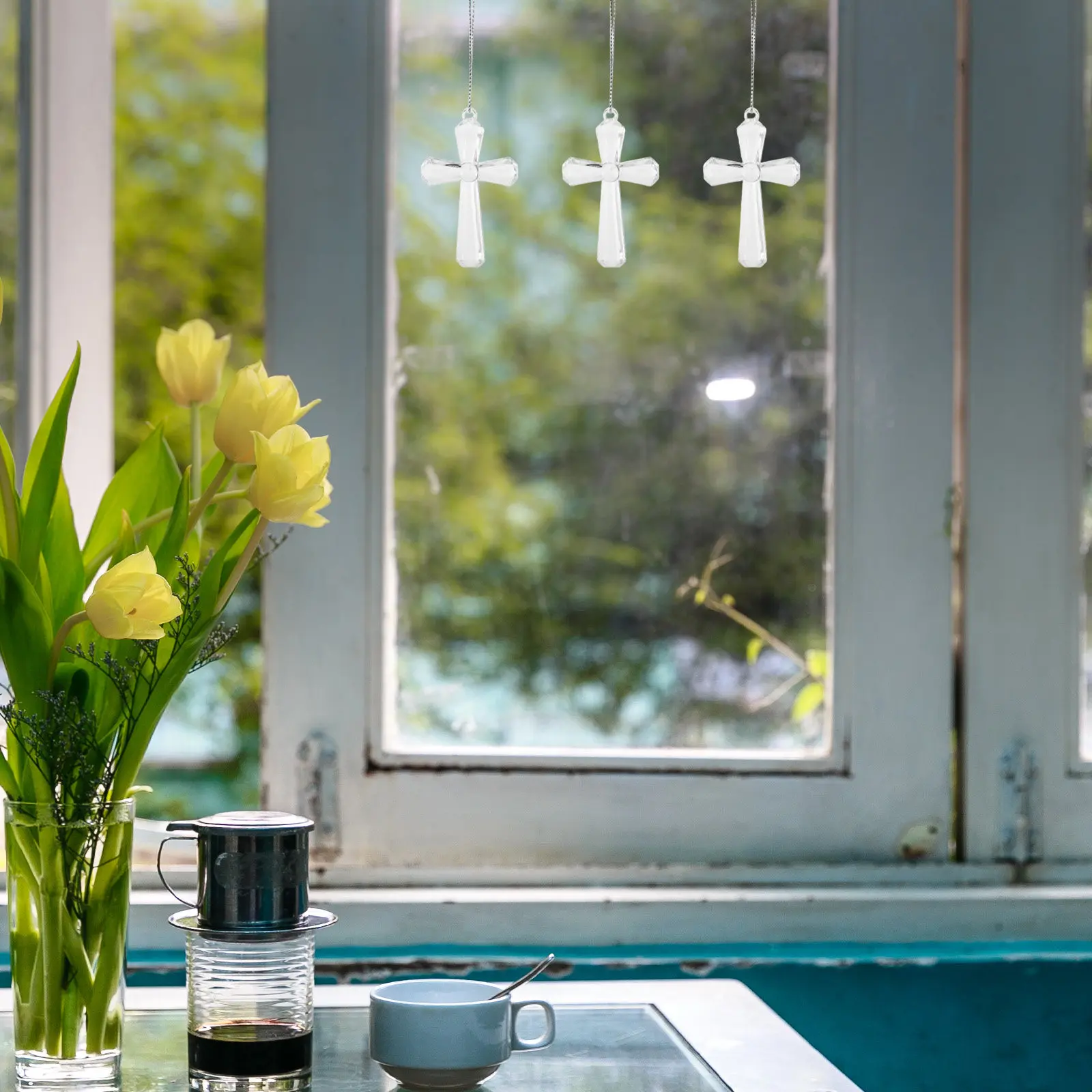 50Pcs Christian Cross Suncatcher Acrylic Hanging Ornament for Window Garden Easter Decoration Religious Party Favor Sunday