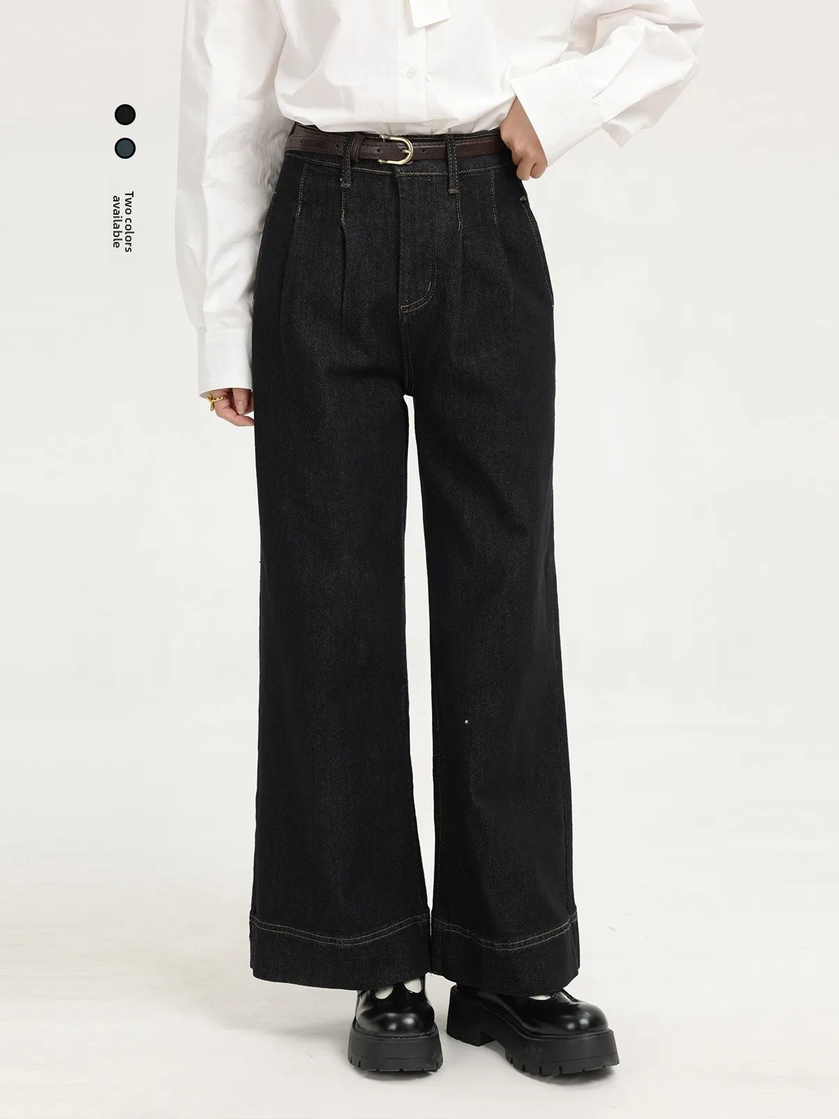 

Прямые плиссированные брюки с высокой талией, свободные облегающие винтажные джинсы для похудения, осенние универсальные драпированные широкие брюки, женская мода