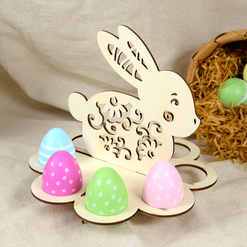 Easter Wooden Egg Holder Rack Rabbit Wood Ornament Happy Easter Rack Diy Decoration Egg Stands Tray Kid's Favorite Handmade Gift