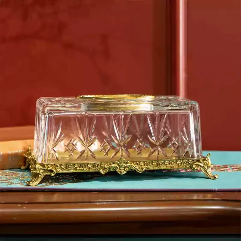 Retro Glass Brass Tissue Dispenser Box Cover Holder Clear Footed Napkin Organizer Rectangle For Bathroom Kitchen And Office Room