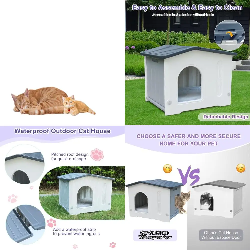 

Всепогодный домик для кошек (для улицы и дома) с удобной дверцей и мягким ковриком, просторное убежище для мелких животных - серый