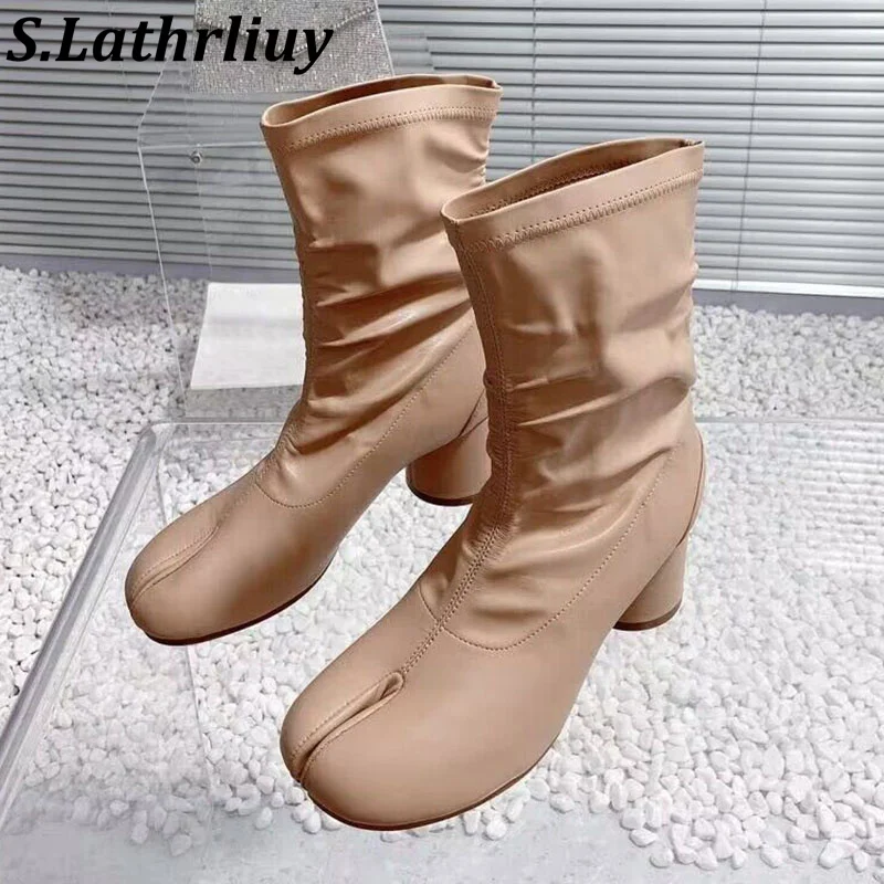 

Autumn Winter Real Leather Split Toe Short Boots Women Solid Color British Style Ankle Boots Fashionable Thick Heel Short Botas