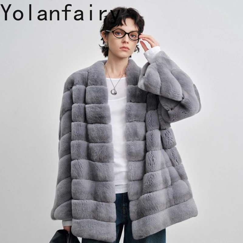 

YOLANFAIRY Autumn and Winter Imported Rex Rex rabbit V-neck long-sleeved simple style graduated color fur coat шуба женская 2025