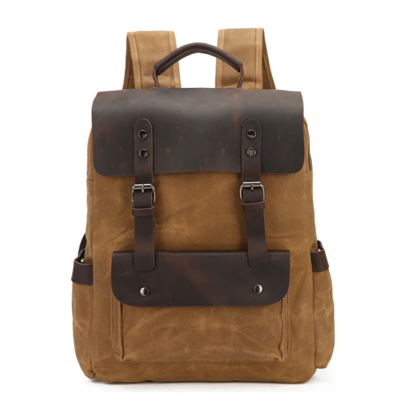 

[Waxed Canvas Backpack]Classic Lightweight Large Capacity New Waxed Backpack Vintage Crazy Horse Leather Outdoor Travel Backpack