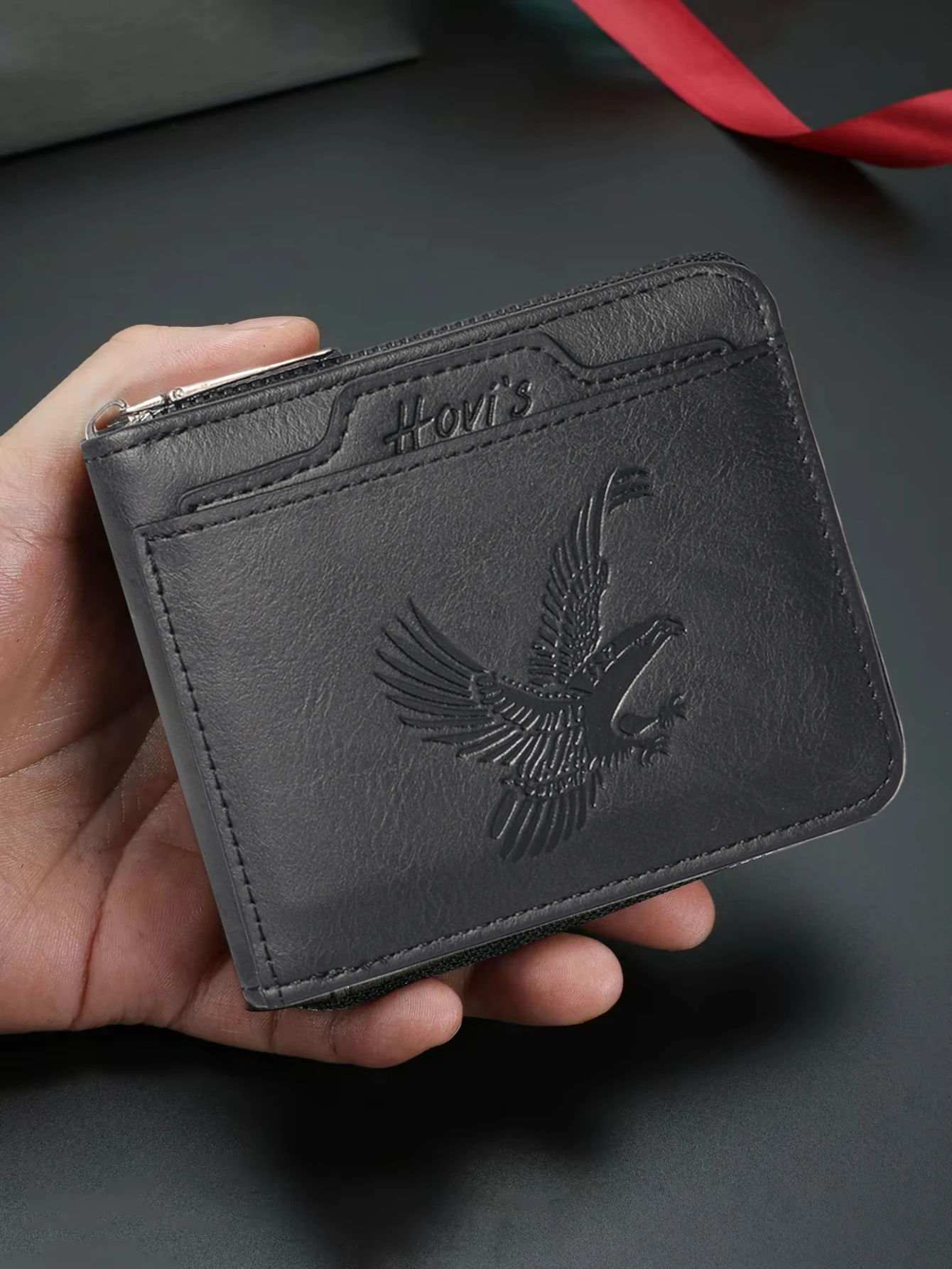 ​​Men's HOVIS Eagle Embossed PU Leather Wallet | Slim Zipper Short Wallet | 7 Card Slots + ID Window + Coin Pocket