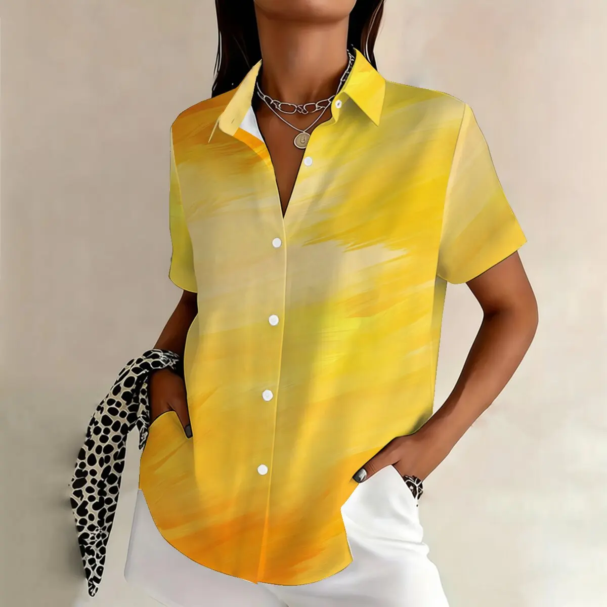

Women's summer plus-size short-sleeve shirt, single-breasted design with vibrant colors, elegant and relaxed Workplace outfit