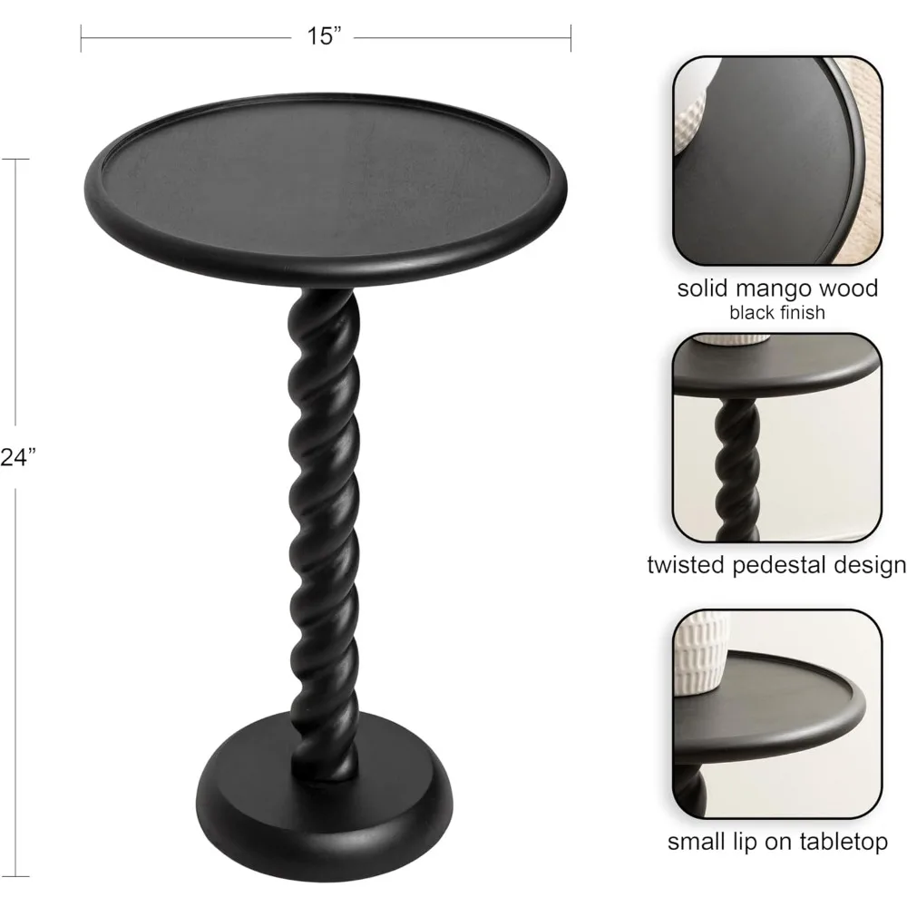 Tavolino rotondo contemporaneo in legno nero con design a spirale, 15 diametri x 24 di altezza, tavolino con piedistallo decorativo