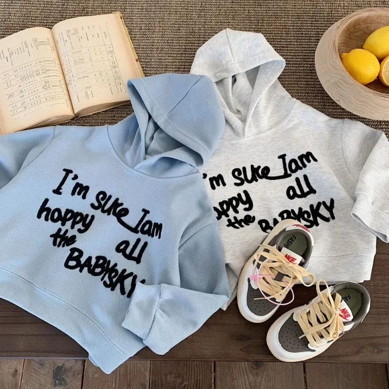 

2025 Spring Kids Hoodie Letter Embroidery Hooded Sweatshirts for Boys and Girls Soft Loose Pullover Children's Casual Tops