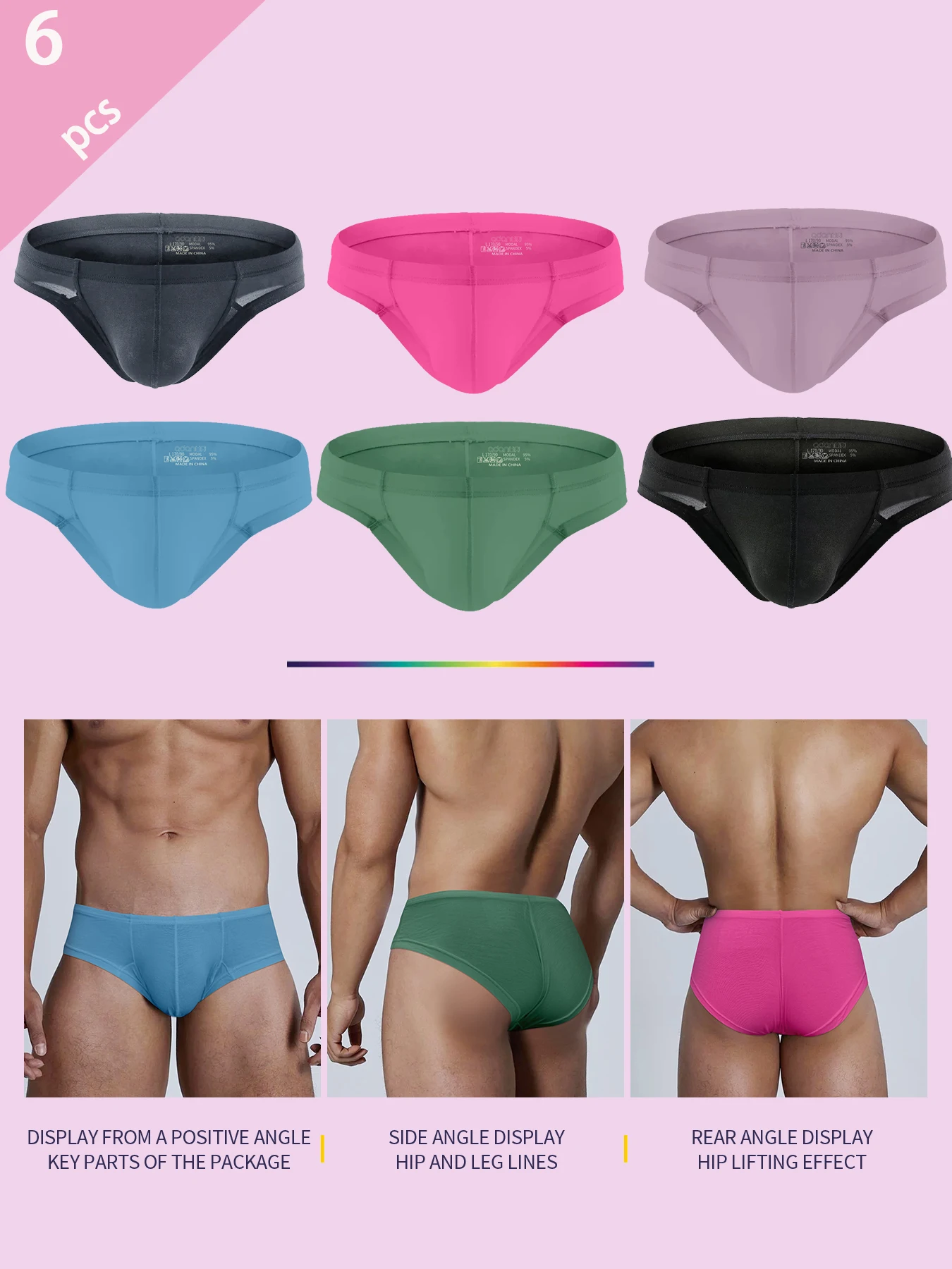 

6PCS Low Waist Hip clip Seamless Underwear For Men Sports Comfortable Breathable Gays Underpants