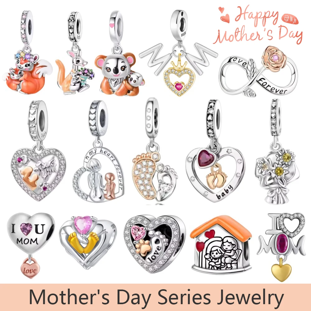 925 Sterling Silver Mothers Day Charms Heart Kangaroo Koala Pendant Beads Original Bracelet for Jewelry Making for Mom Gift