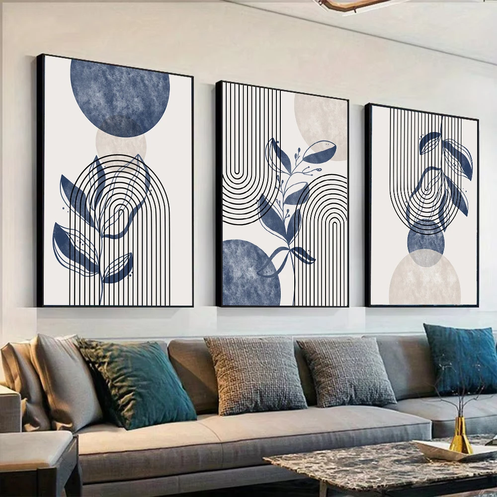 

Abstract Beige Navy Blue Geometric Wall Print Painting Botanical Lines Canvas Poster Boho Art Prints Modern Living Room Decor