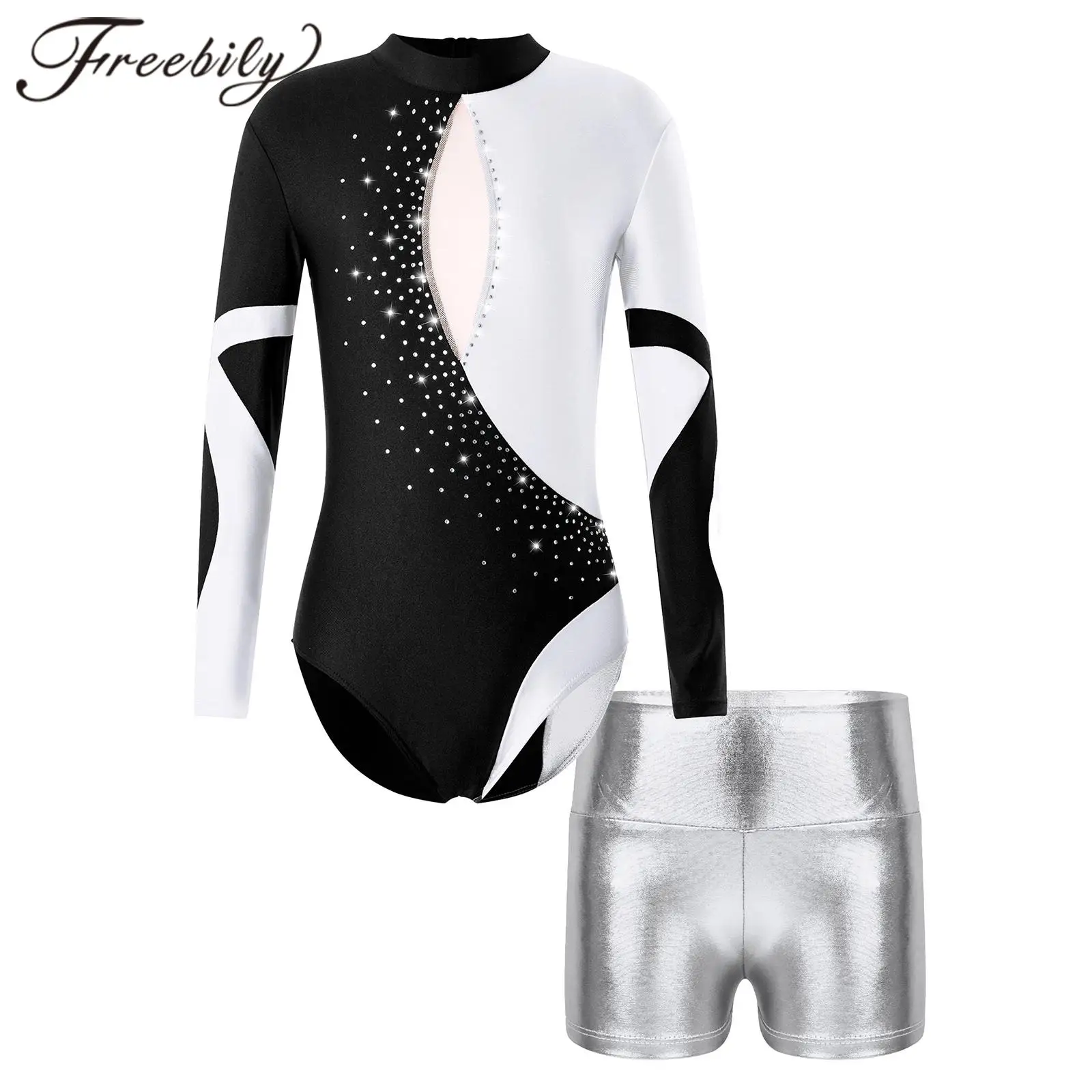 Kids Girls Shiny Metallic Patchwork Ballet Gymnastics Leotard with Shorts Childs Dance Outtfit Long Sleeve Gymnastics Jumpsuit