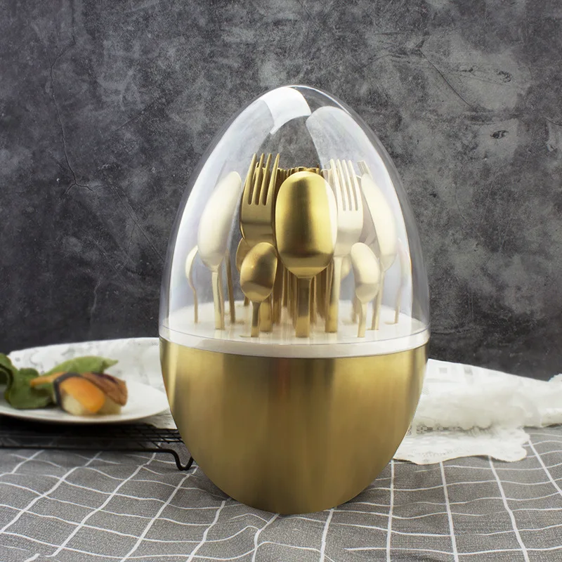 Trendy Gold Egg 24Pcs Stainless Steel Cutlery Set Fork Spoon Chopsticks Gift Box Ready