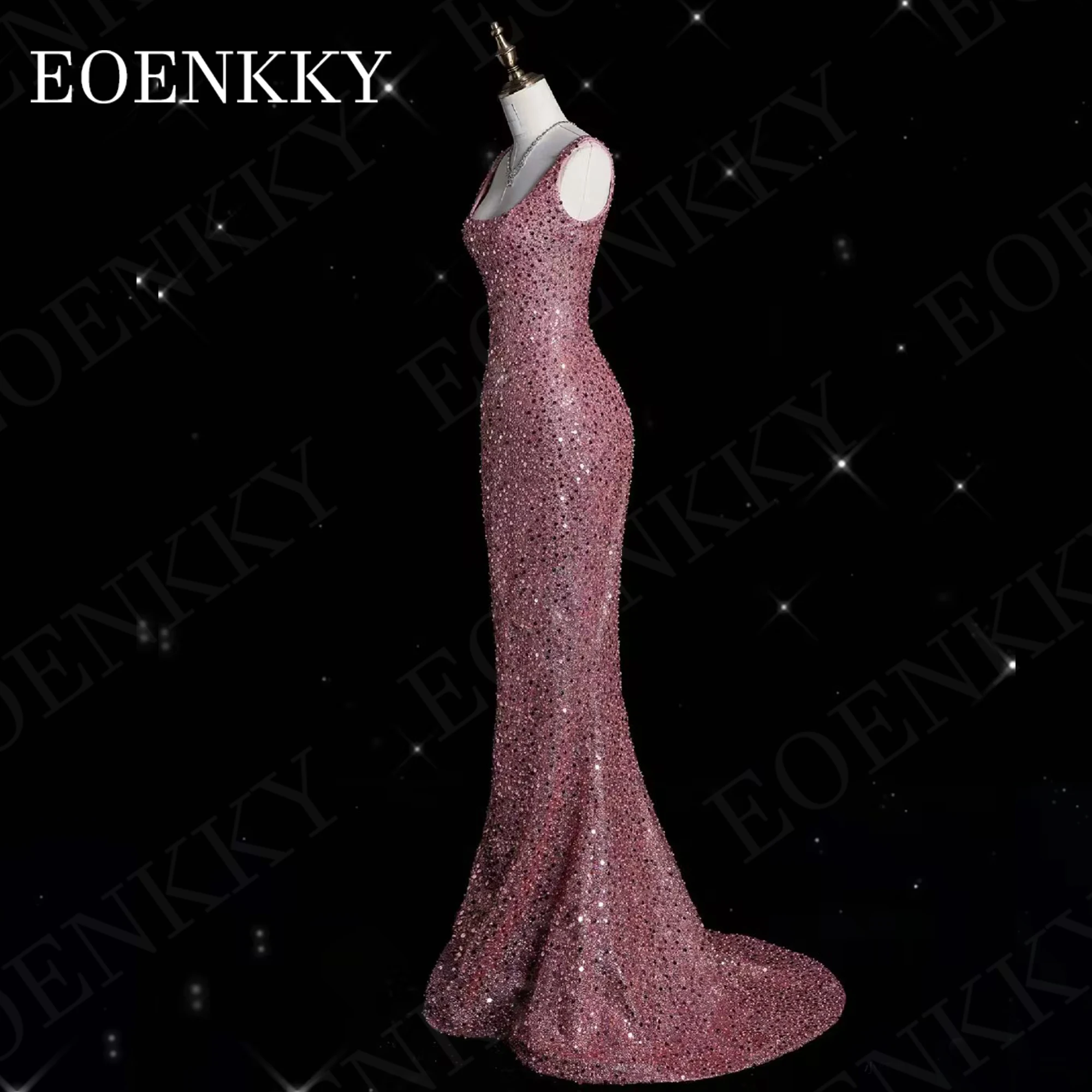 Pink Sparkly Evening Dresses Women Elegant Luxury Sequin Beading Long Party Dress Celebrity Square Neck فساتين سهره نسائيه شارون