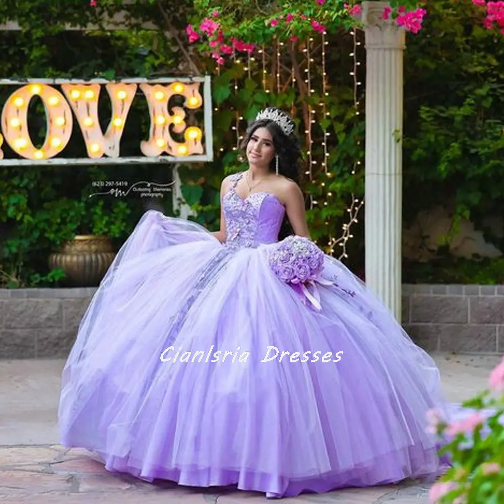 Lila 3D Bloemen Quinceanera Jurk Baljurk Een Schouder Applicaties Lace Korset Zoete 15 Vestidos De Quinceañera