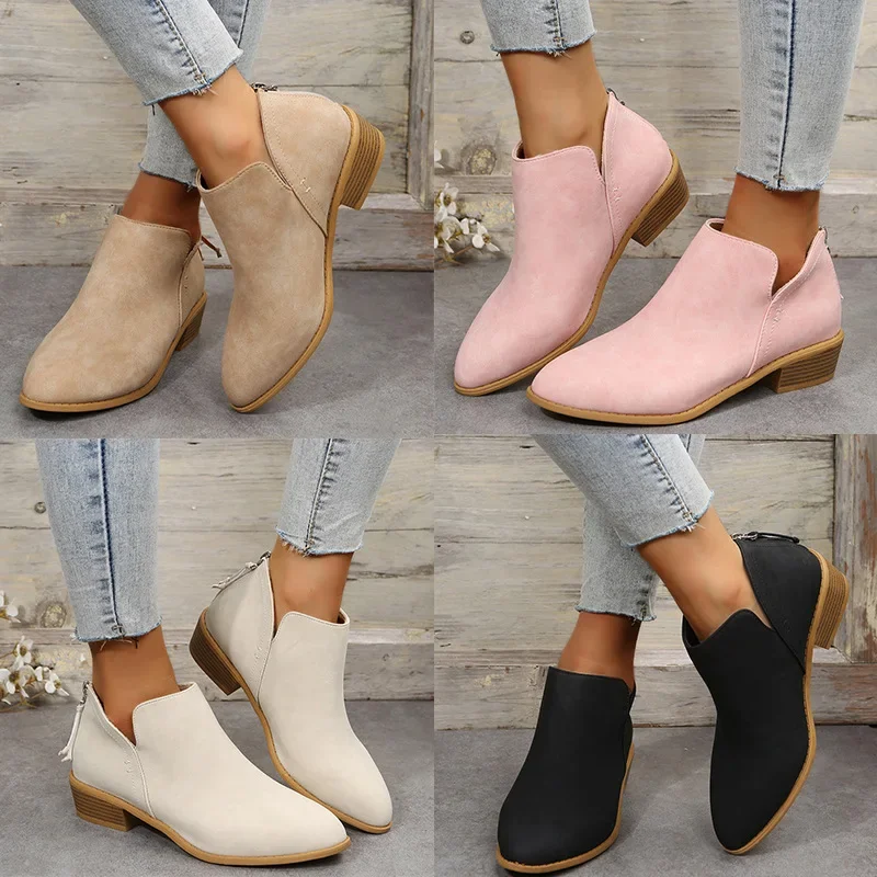 Women\'s Boots Autumn Pointed Suede Thick Heel Booties Women Plus Size 43 Zipper Heeled Ankle Boots Botas De Mujer 2023