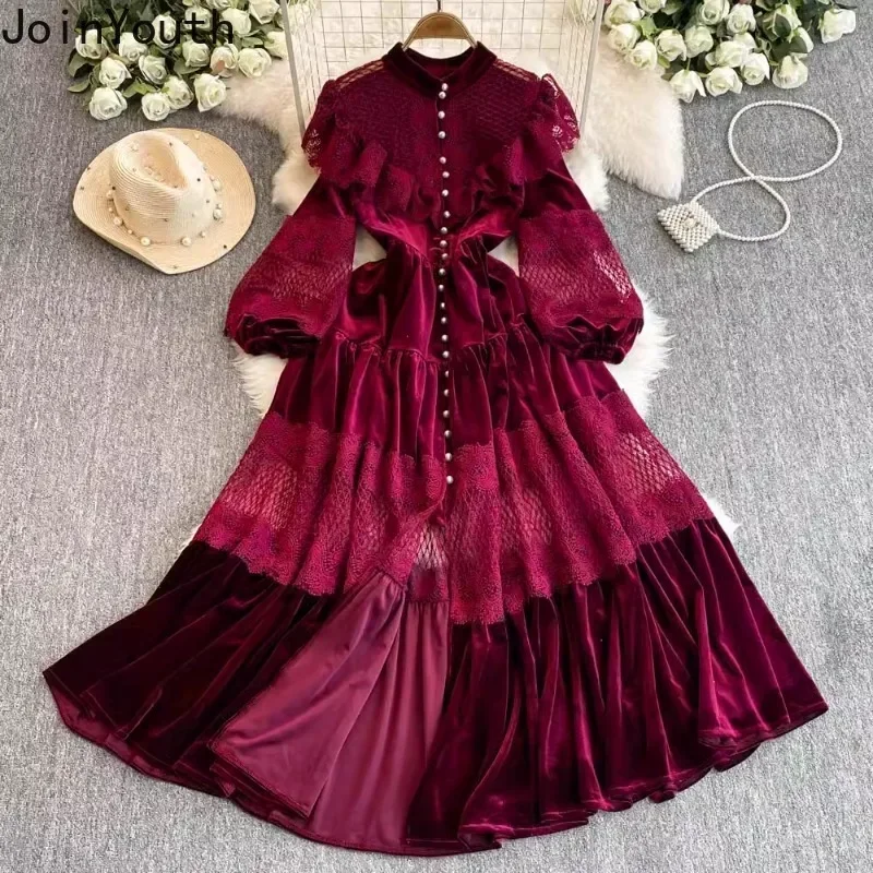 Vintage Woman Dress Stand Neck Single Breasted Patchwork Lace Long Robe Femme 2025 Fashion Ruffles Party Velvet Maxi Dresses