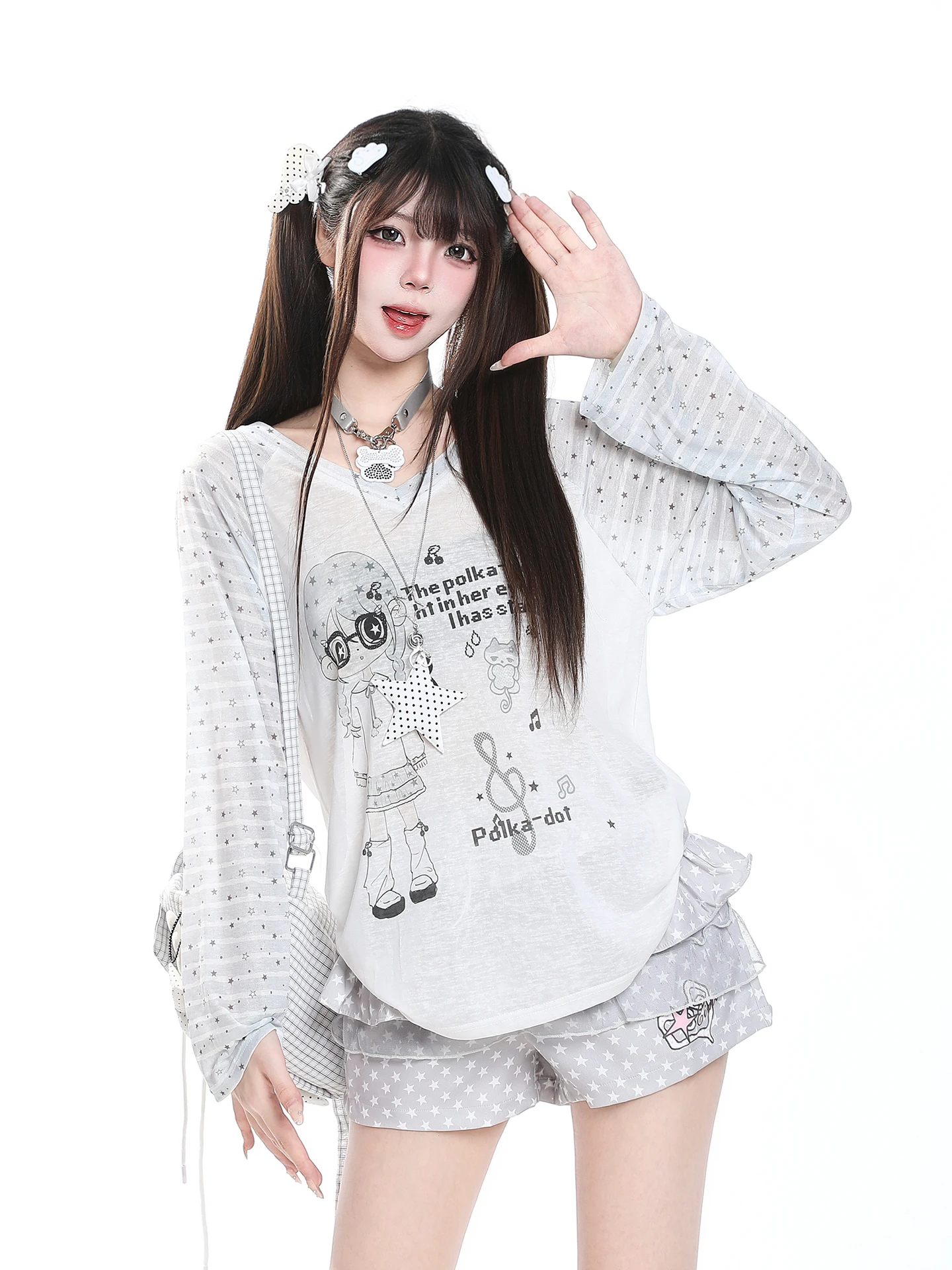 Korean Casual Style Long Sleeve Cartoon Print T-Shirt Women's Summer Y2K Loose Slimming Breathable Sun Protection Cover up
