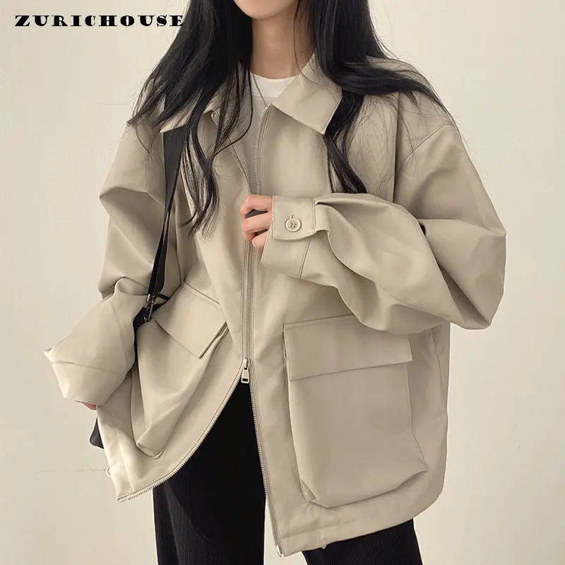 

Faux Leather Jacket Women Retro Lapel Big Pocket Design Spring Autumn Casual Loose-fit Cardigan Double Zip-up Jackets cárdigans