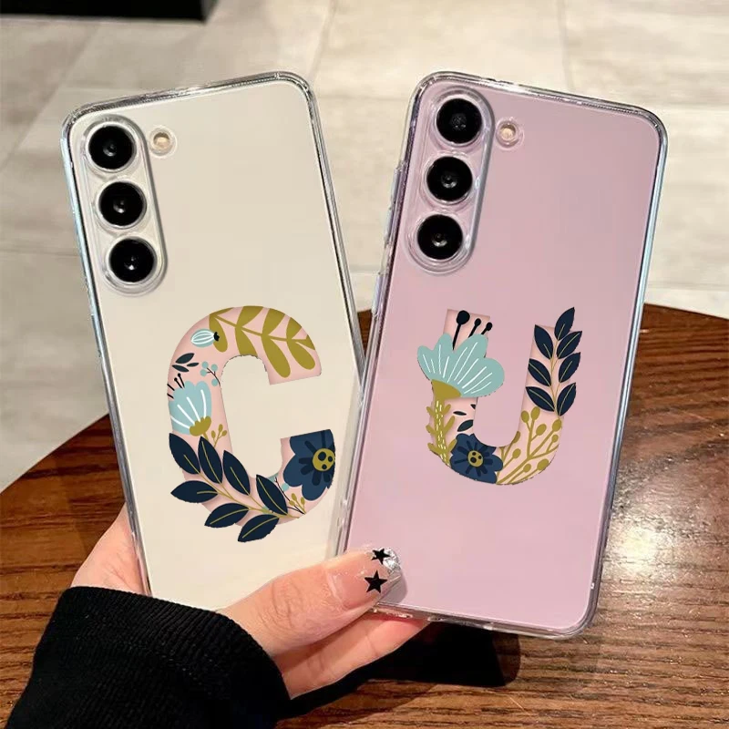 Initial Letter U Pink Flowers Case For Samsung A56 A36 A26 A54 A52 A50 A70 A12 A14 A16 A22 A24 A42 A34 A32 5G A04s A06 Cover