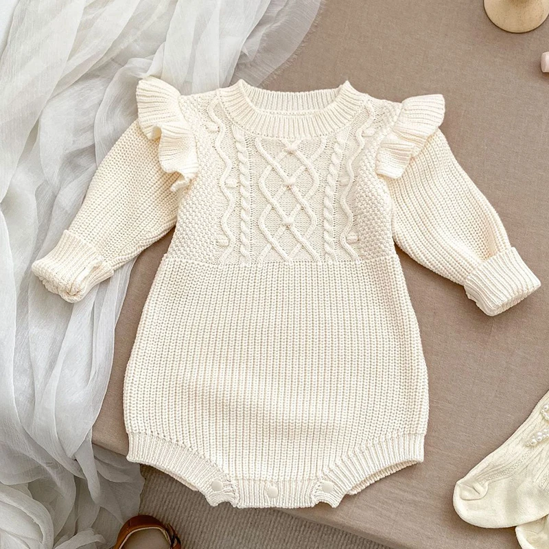 2024 New Autumn Baby Girl Knitted Clothing Korean Style Climbing Suit Toddler Baby Girl Long Sleeved Solid Color Knitted Romper