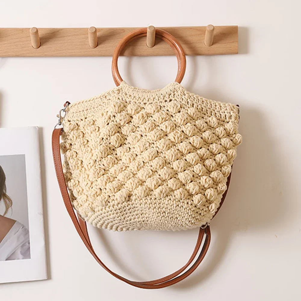

Handmade Crochet Tote Bags for Women Round Wooden Handle Handbag Rope Knitted Beach Shoulder Bag Woven Crossbody Bag Shopper NEW