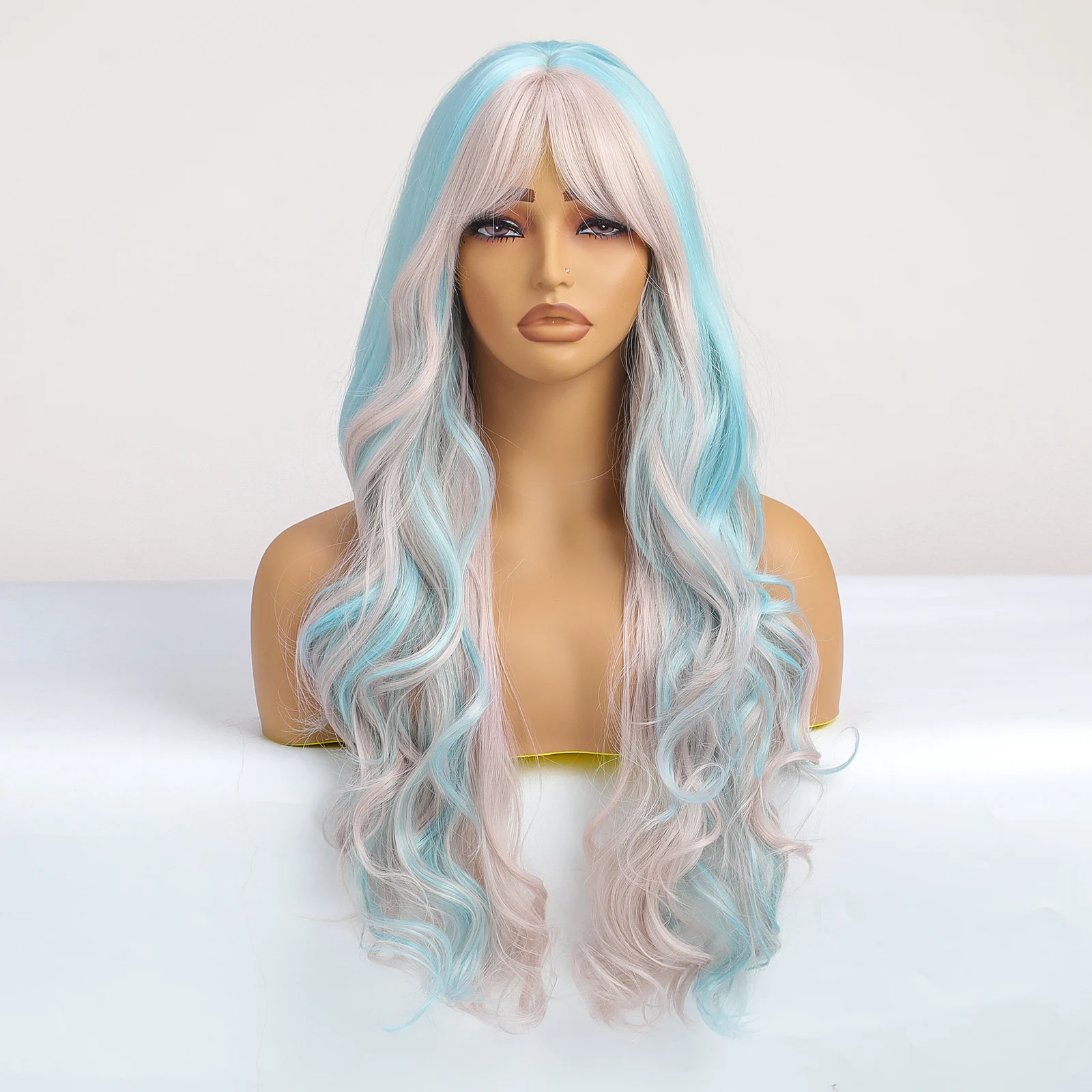 Long Curly Cosplay Synthetic Wigs Blue Mixed Pink Colorful Halloween Wig with Bangs Natural Wave Party Lolita Wigs for Women Use