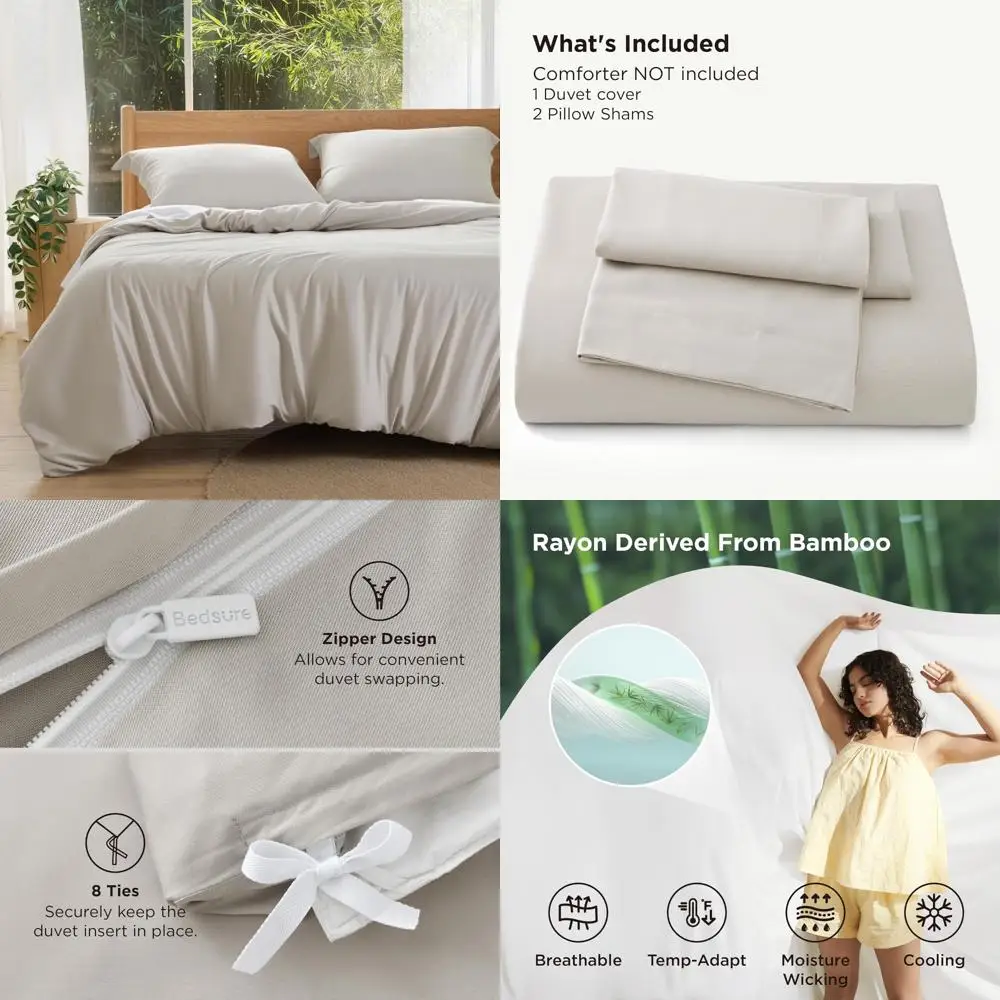 

King Size Cooling Duvet Cover - 100% Rayon Bamboo Comforter Cover Set for Hot Sleepers, Breathable, Suitable for Summer Use