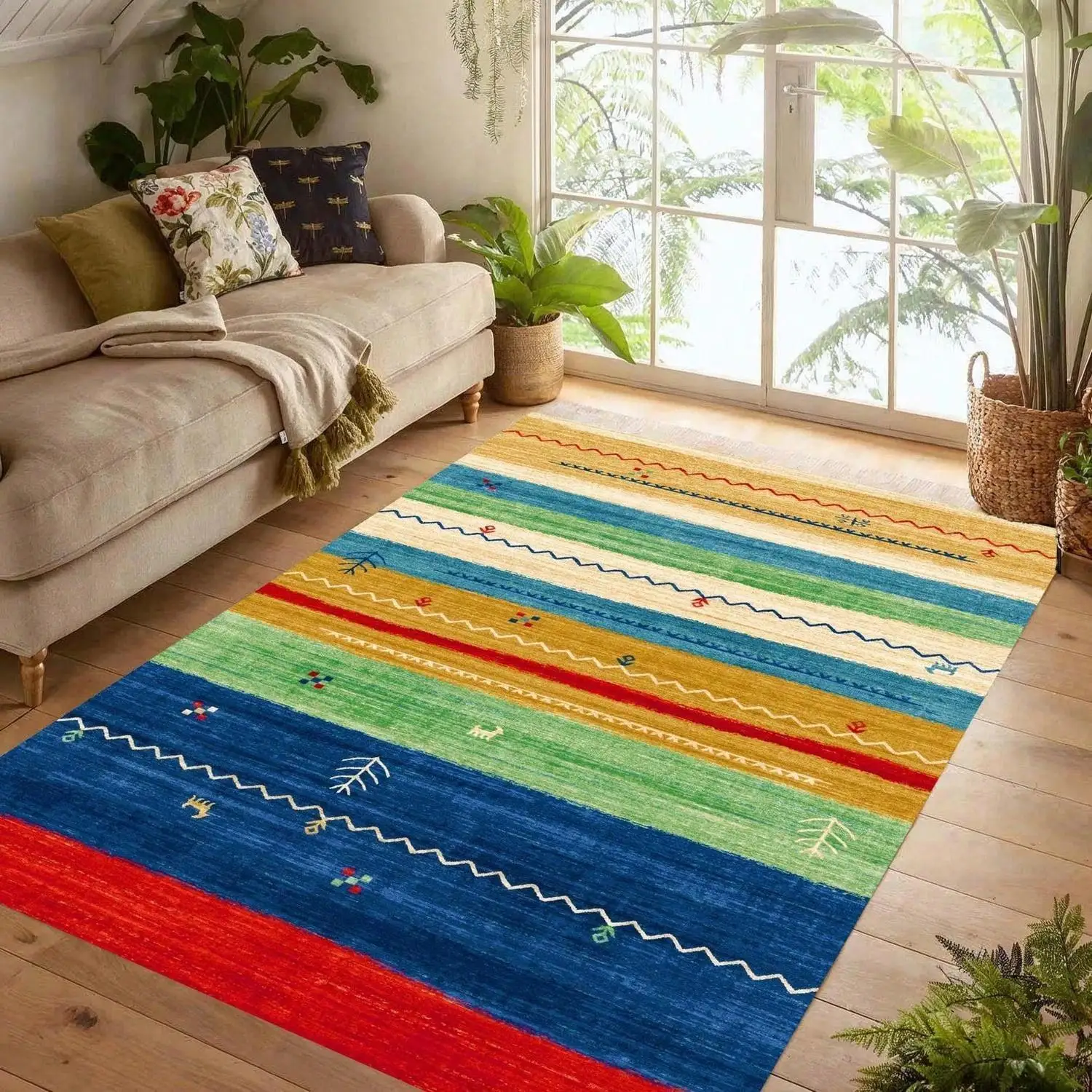 Colorful Striped Printed Carpet, Bohemian Style Carpet, Non-Slip