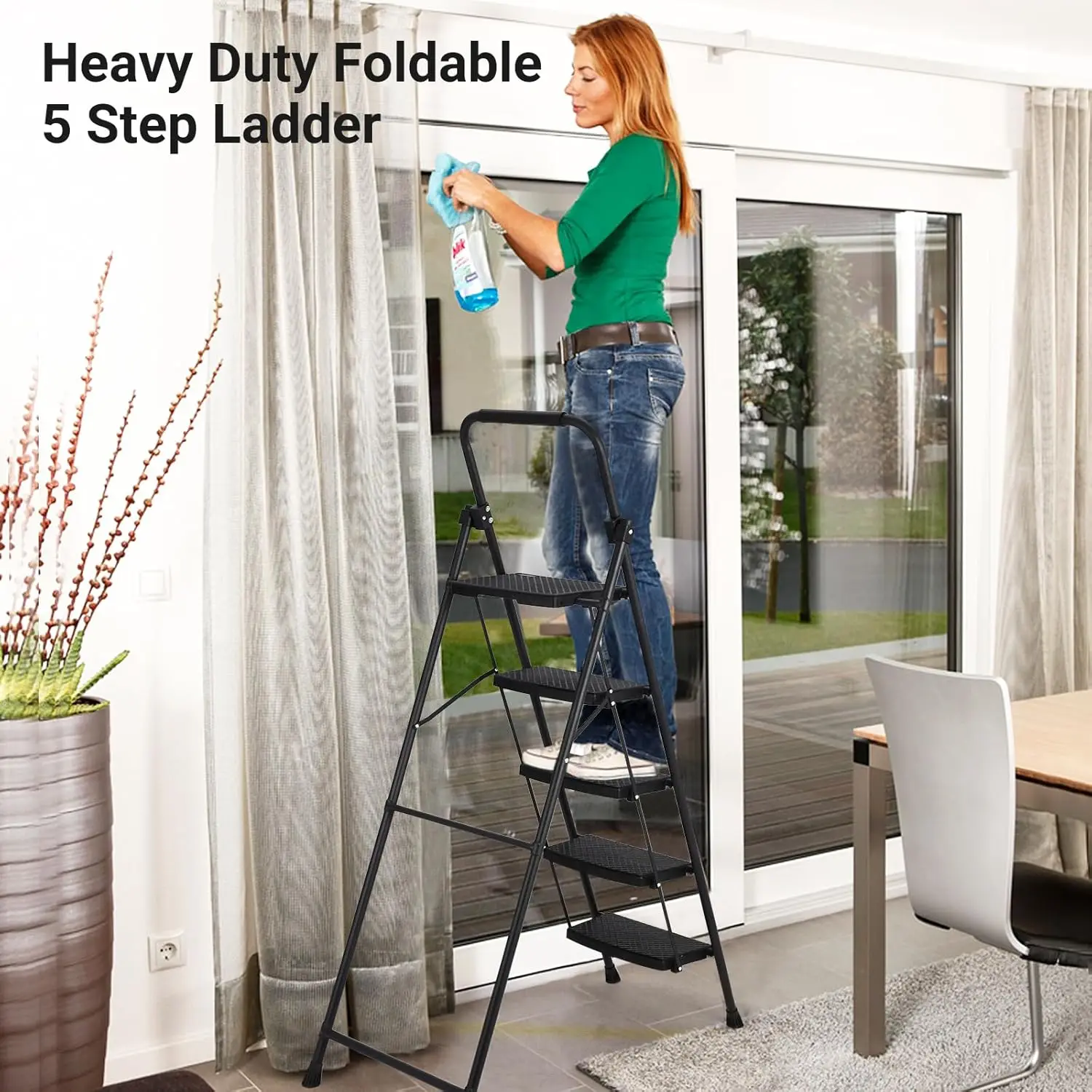 سلم فولاذي قابل للطي بخمسة خطوات، سلالم واسعة بدواسات واسعة مضادة للانزلاق بسعة 400 رطل مع تصميم قفل آمن لورشة مستودعات المنزل