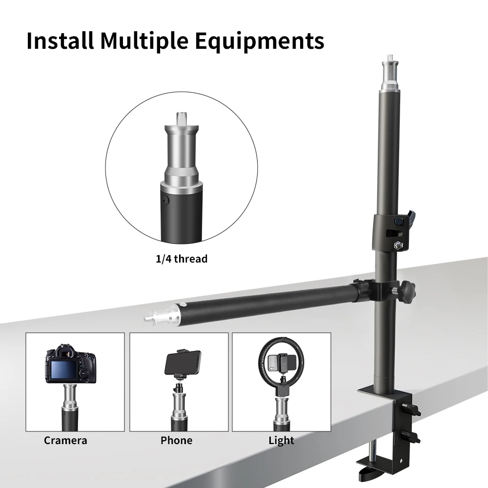 Horizontal Arm Desk Mount C-Stand With Flexible Auxiliary Holding Arm Overhead Camera Webcam Table C-Clamp Ring Light Bracket