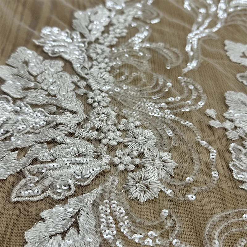 High Quality Clear Sequins Off whtie Rayon French Lace Bridal Wedding Gown Dress Lace Fabric 1 Yard