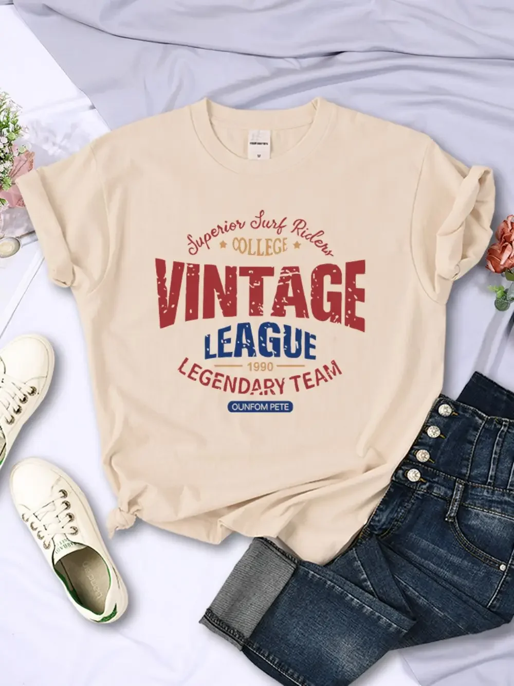 

Street Women'S T-Shirts Vintage League Letter Printing Tops Soft Breathable O-Neck Short Sleeve Summer Casual Female Clothes