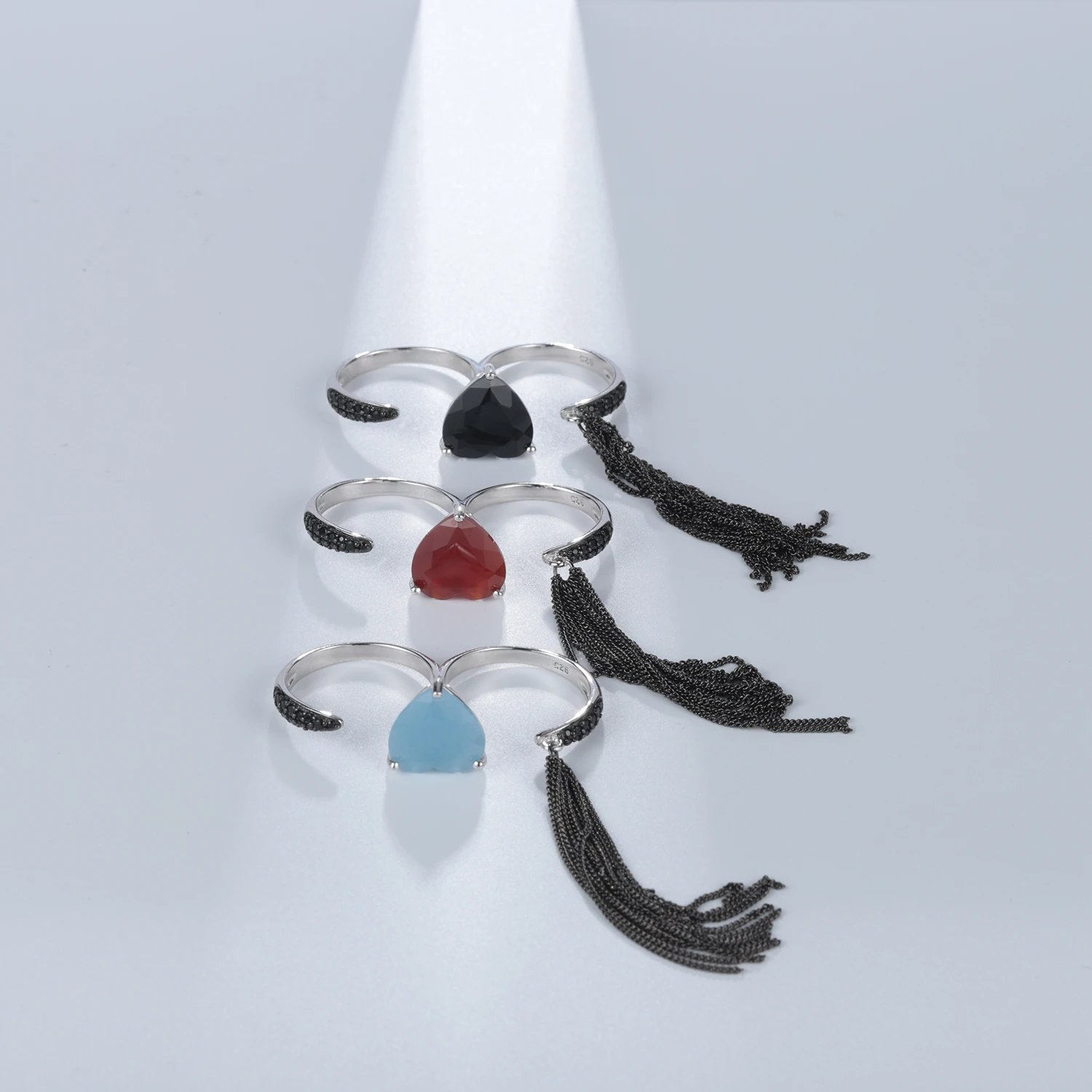 GEM\'S BALLET 925 Sterling Silver Gemstone Two Finger Ring Natural Heart Aqua-blue Calcedony Adjustaboe Open Gift For Her