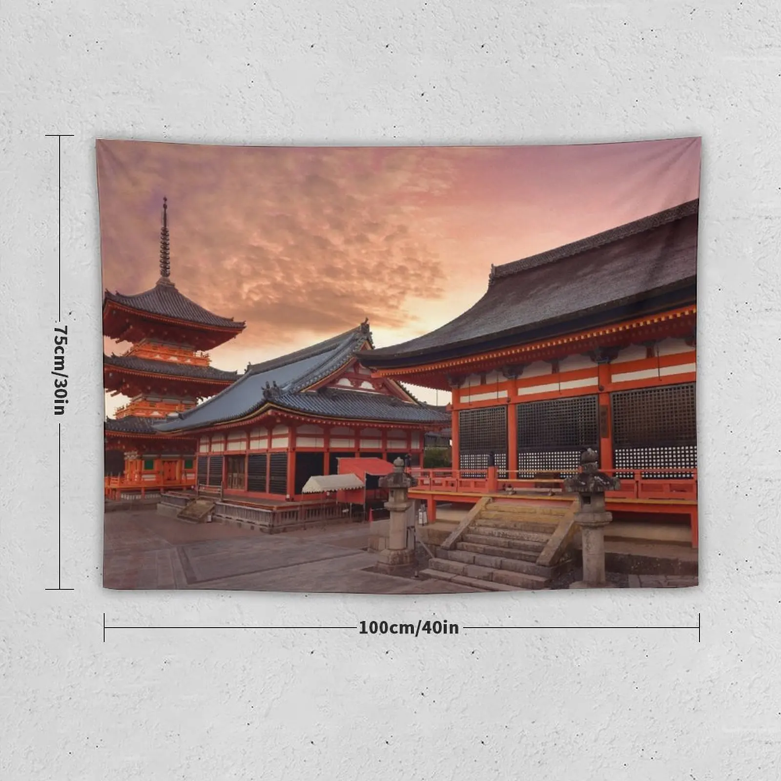 Sanjunoto pagoda Kaisan-do and Kyo-do hall at Kiyomizu-dera Buddhist temple Kyoto in dramatic red sunrise art photo pri Tapestry