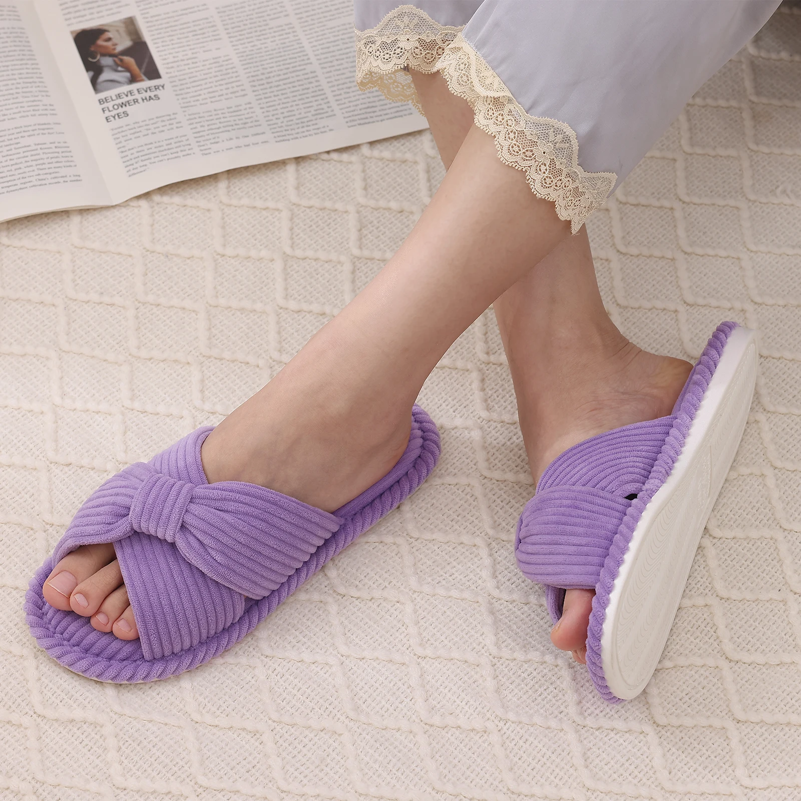 Kidmi Summer Slippers For Women Indoor Cute Bow Home Slippers For Women Soft Sole Non-slip Flat Slippers Foam Memory Slippers