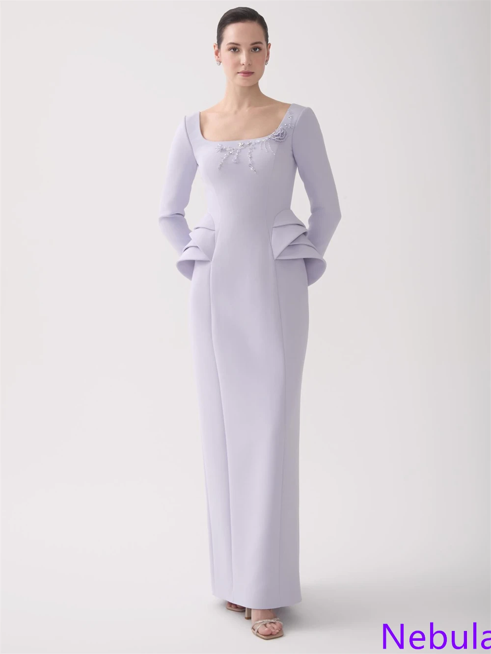 Customized Temperament Light Purple Jersey Evening Dress Square Collar Long Sleeves Celebrity Gowns Bespoke Occasion Gowns