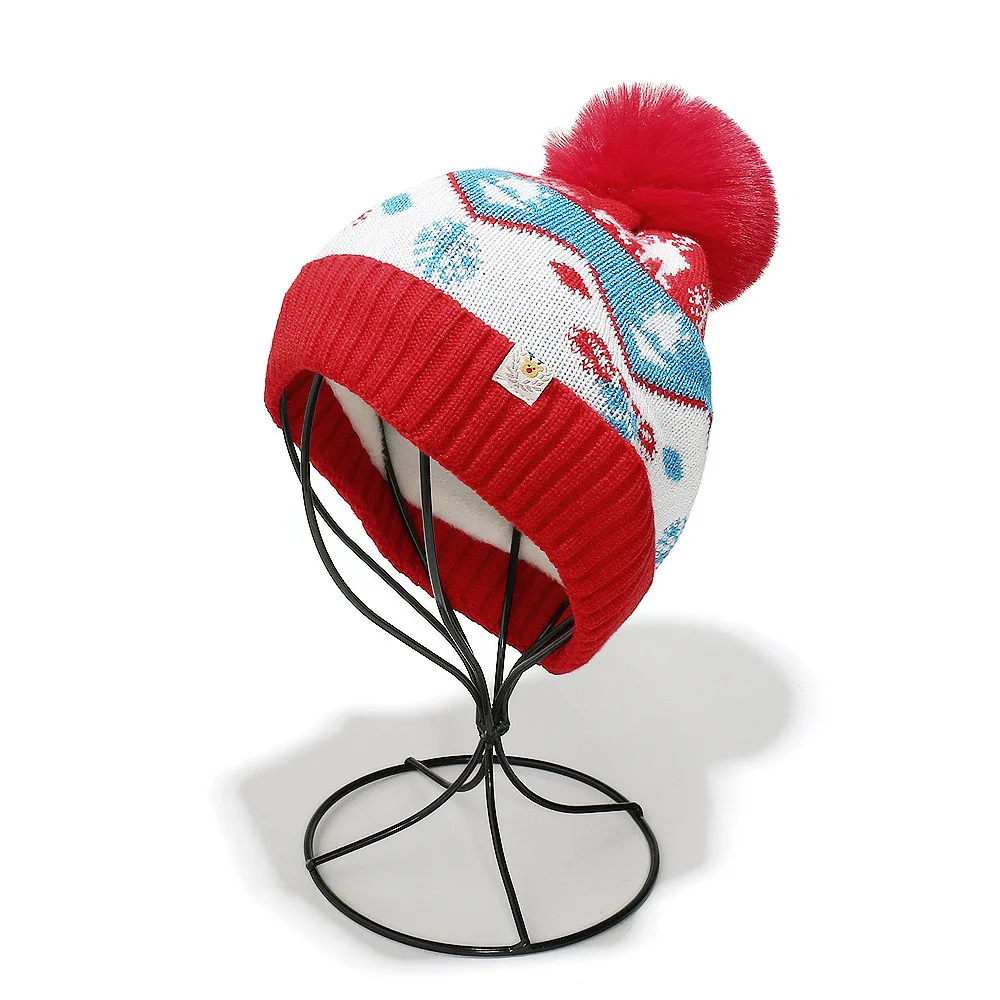 Child Christmas Knitted Hat Red Reindeer Snowflake Pattern Beanie with Fluffy Pom Pom Soft Warm Knit Christmas Beanie Hats