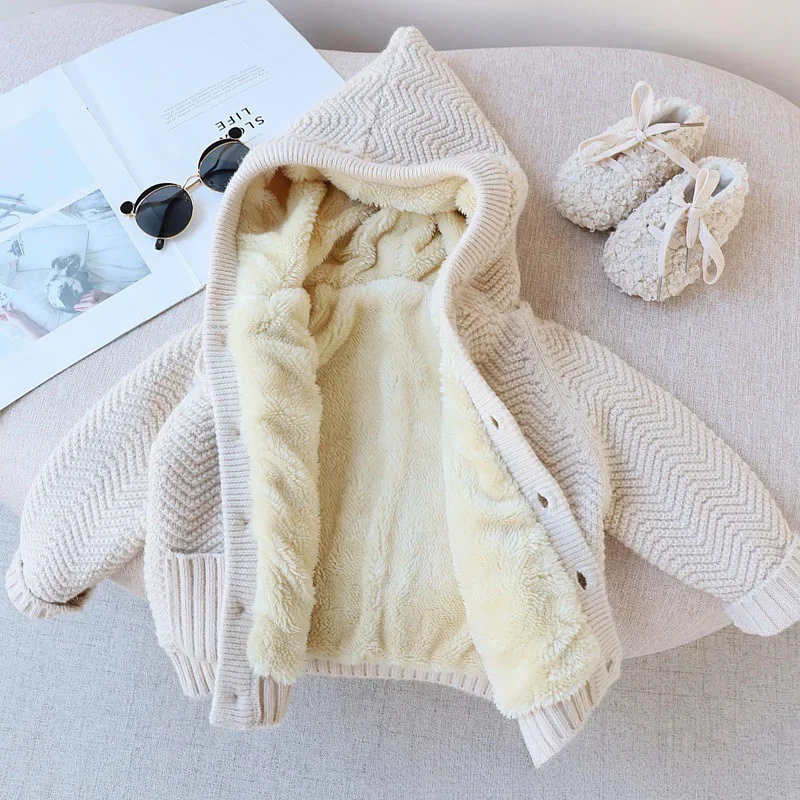 2024 New Winter Kids Baby Clothes Solid Color Knitted Sweater Coat Boys and Girls Fleece Thicken Warm Hooded Cardigan