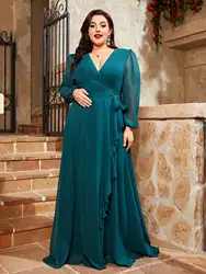 Mgiacy  plus size V-neck irregular cross long sleeve ruffled chiffon full skirt Evening gown Ball dress Party dress