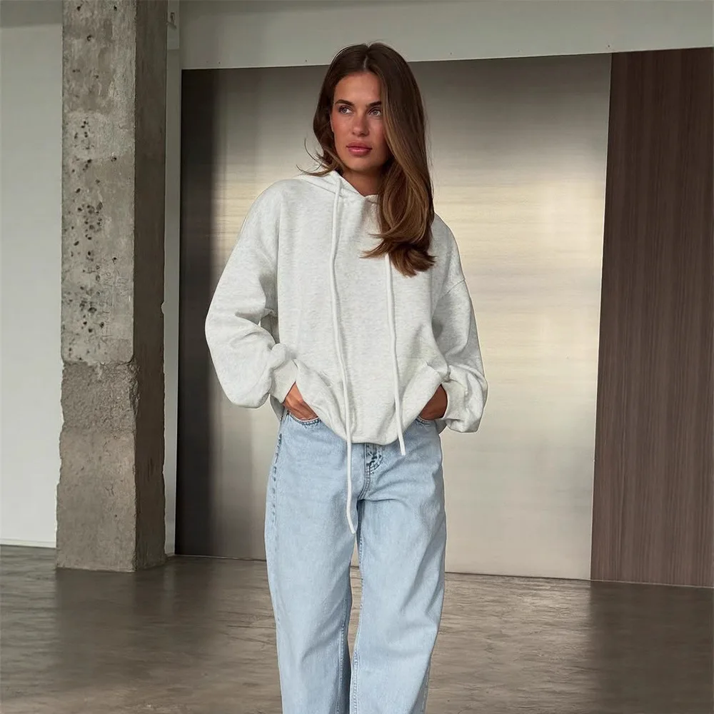 Felpa con cappuccio a maniche lunghe tinta unita casual alla moda da donna autunno nuovo stile semplice versatile top confortevole