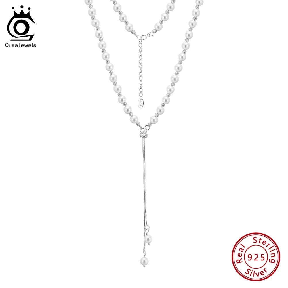 

ORSA JEWELS Vintage Y-Shaped Shell Pearls Necklace Long Necklace for Women S925 Silver Beads Chain Holiday Jewelry Gift PSN14