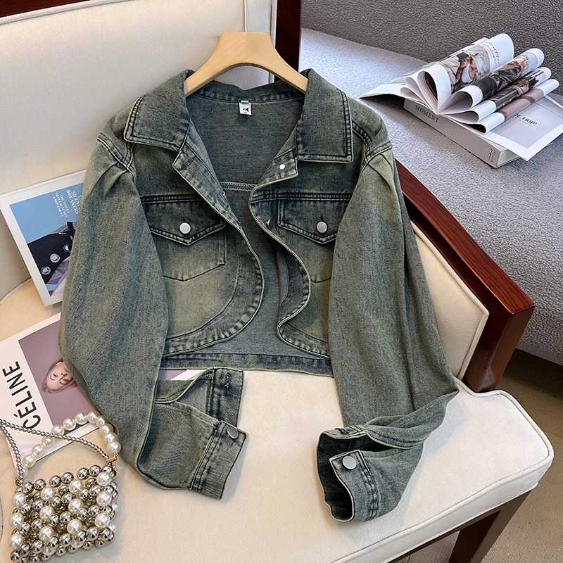 

Casual Street Sle ort Denim Jaet Women's Spring Autumn Versatile High Waist Korean Version ket Detail Long Sve Po...