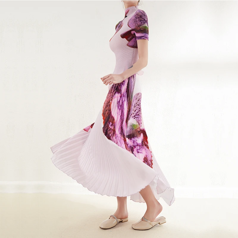 Miyake Summer Ladies Fashion Pink Short Skirt Set Short Sleeve Elastic Waist Flowers Print Pleated Skirt Two Piece