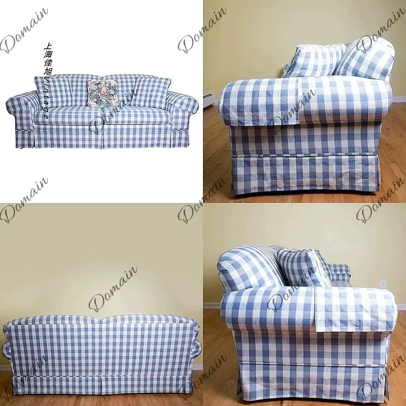 80 N French pastoral blue and white plaid sofa fabric skirt dismantling and washing retro style B & B wabi sari