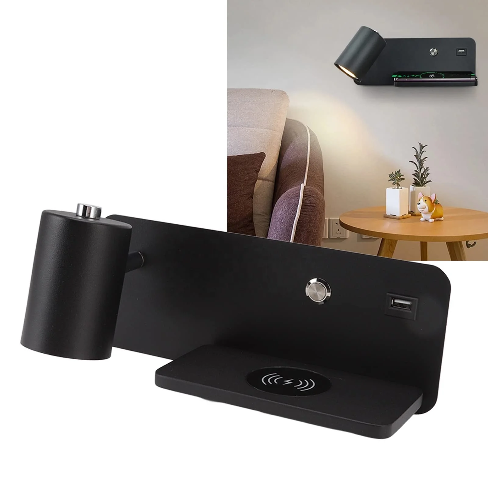 

LED Wall Sconces with Wireless Charger USB Rechargeable Reading Light Bedside Wall Light Rotatable Wall Lamp