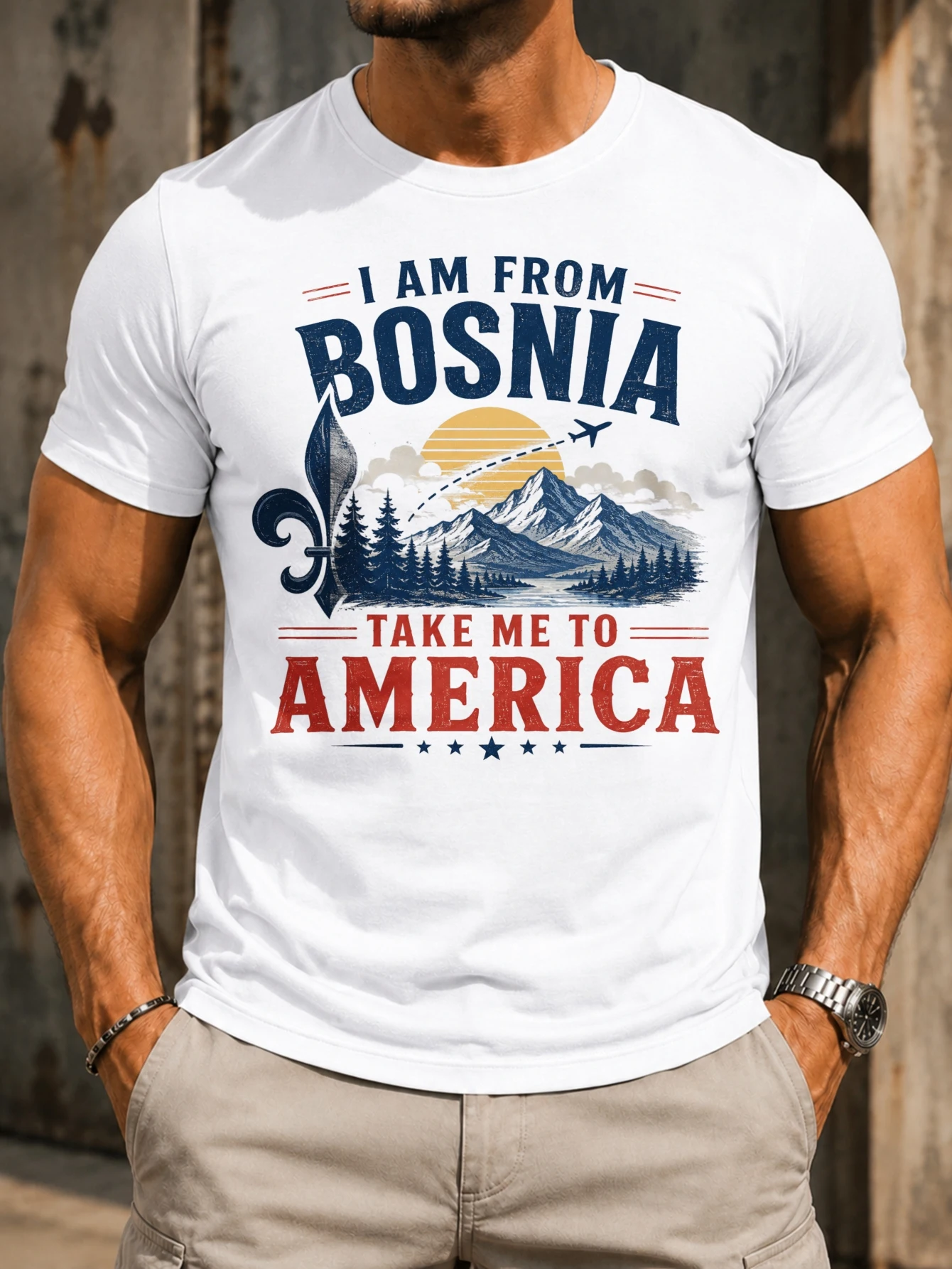 I Am From Bosnia Take Me To America  mountain sunset pine trees airplane path rustic travel  Unisex All T-Shirt