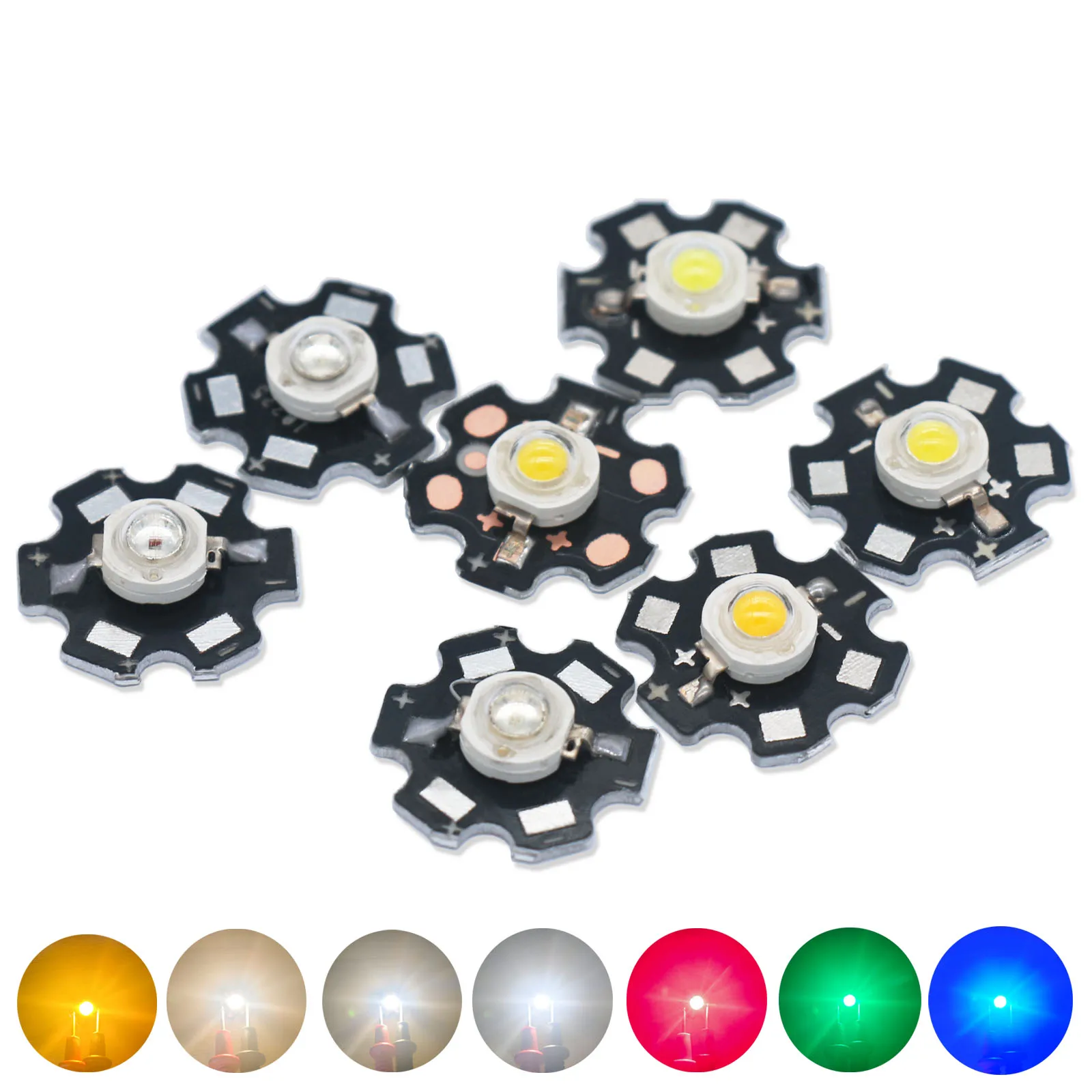 10 pçs led smd cob lâmpada grânulo 1w 3 chip de alta potência branco vermelho azul verde diodo com 20mm preto pcb dissipador calor substrato alumínio diy